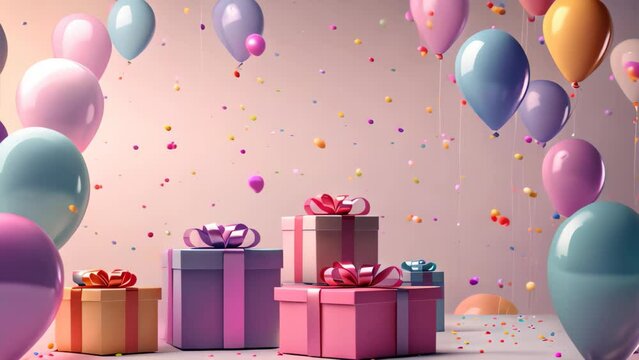 Gift boxes and balloons on pastel background. 3d rendering, 3d render of birthday background with gift box, balloons and confetti, AI Generated
