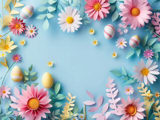 Fototapeta na wymiar easter background with paper cut flowers, copy space in the center, paper cut craft, easter card design, pastel colors, 3d illustration, clear and sharp focus, very detailed, vintage.