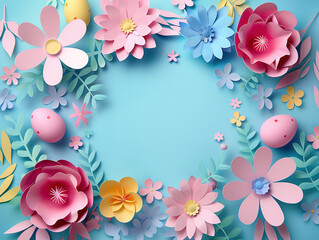easter background with paper cut flowers, copy space in the center, paper cut craft, easter card design, pastel colors, 3d illustration, clear and sharp focus, very detailed, vintage.
