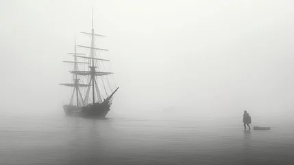 Deurstickers A sailboat in the fog, with its mast reaching into the sky © tino
