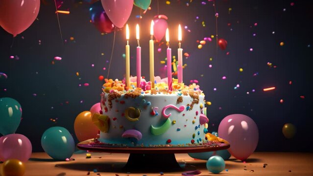 Birthday cake with burning candles, balloons and confetti on wooden table, 3d render of birthday cake with candles, balloons and confetti, AI Generated