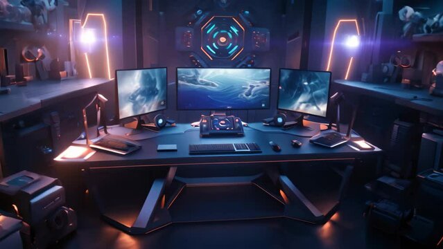 3D rendering of a futuristic space station with many monitors and screens, 3d rendering of a computer room with a set of gaming equipment, AI Generated