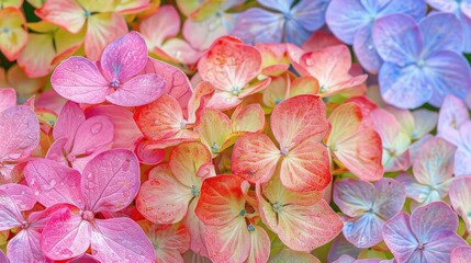 Fototapeta na wymiar Beautiful colorful rainbow hydrangea flowers as background, top view