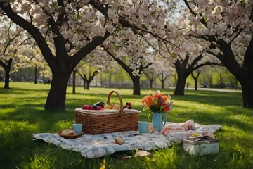 Fototapeta na wymiar Spring’s Serenity: A Picnic Amidst Blooming Flowers, Fresh Fruits, and the Warm Embrace of Sunlight in a Tranquil Park, generative AI