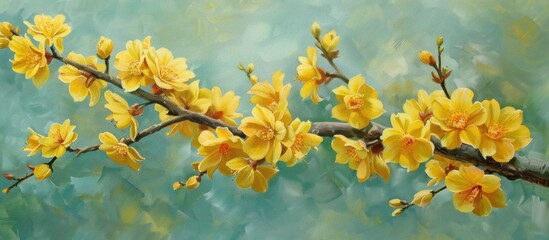 Detailed painting featuring yellow flowers blooming on a branch.