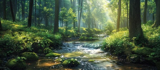 A painting depicting a meandering stream flowing through a dense and vibrant green forest, showcasing the beauty of nature.