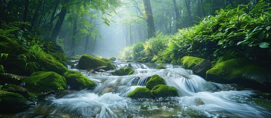A stream of water flows through a dense, vibrant green forest, surrounded by tall trees, moss-covered rocks, and lush undergrowth. - obrazy, fototapety, plakaty