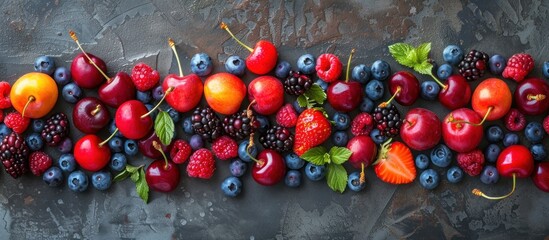 A variety of ripe cherries, strawberries, blueberries, and raspberries arranged in a straight line.