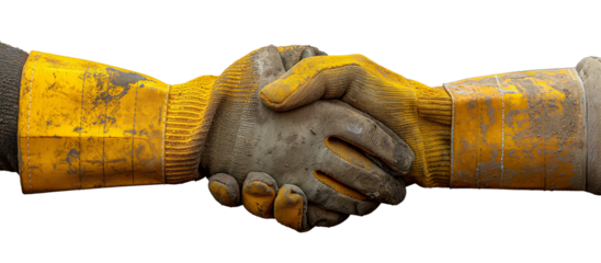 Сlose up of builders hands in gloves greeting each other. Building, teamwork, partnership, gesture and people concept.