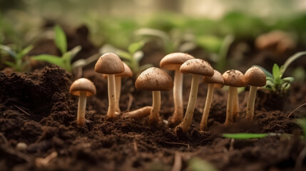 An original ecological concept: Newly planted mushrooms or bright greenery in the soil - obrazy, fototapety, plakaty