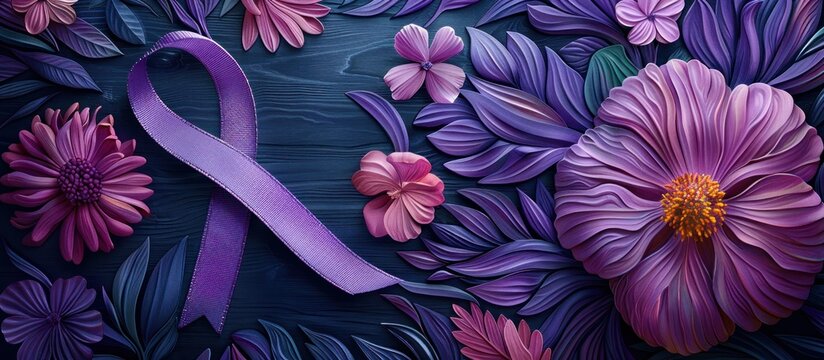 A painting featuring vibrant flowers alongside a striking purple ribbon, representing ovarian and uterine can