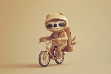 Fototapeta premium Sloth delivery man, 3D kawaii style, on bike, simple plain color background