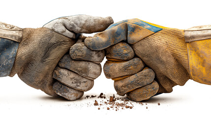 Сlose up of builders hands in gloves shake hands with each other. Building, teamwork, partnership, gesture and people concept.