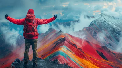 Photo sur Aluminium brossé Vinicunca a man tourist is standing with both hands raised After successfully conquering the peak , on top of a mountain,Vinicunca Rainbow Mountain,generative ai