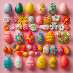 knolling colorful easter eggs and other easter items. Easter eggs and other Easter themed decorations in a small wooden box with shelves