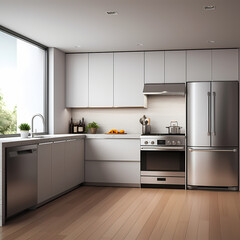 A minimalist kitchen with stainless steel appliances