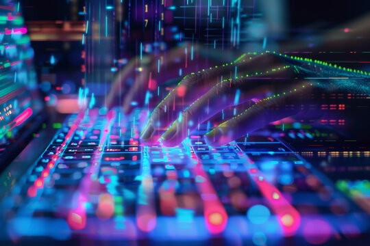 A programmer's hand typing code on a holographic keyboard with vibrant holograms that represent algorithms and data structures, futuristic technology concept