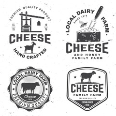 Cheese family farm badge design. Template for logo, branding design with block cheese, sheep lacaune on the grass, cow, fork, knife, cheese press. Vector illustration. Hand crafted product cheese