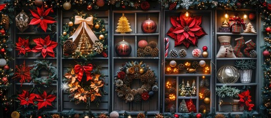 A display case packed with a variety of colorful Christmas decorations, such as ornaments, lights, garlands, and figurines.