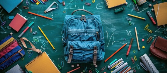 A blue back to school backpack is placed neatly amidst various school supplies such as notebooks, pens, pencils, and rulers. - obrazy, fototapety, plakaty