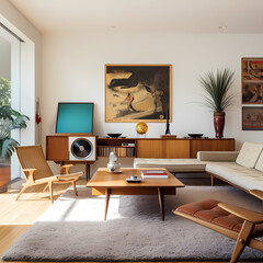 A modern living room with mid-century furniture.