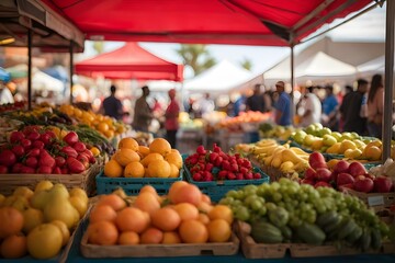 From Farm to Table: A Vibrant Display of Organic Fruits and Vegetables Invites Shoppers at a Bustling Outdoor Market, generative AI - Powered by Adobe