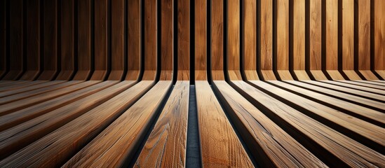 Detailed view of a contemporary wooden floor featuring vertical slats creating a sleek and stylish pattern. - obrazy, fototapety, plakaty
