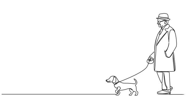 animated continuous single line drawing of elderly man walking his wiener dog, line art animation