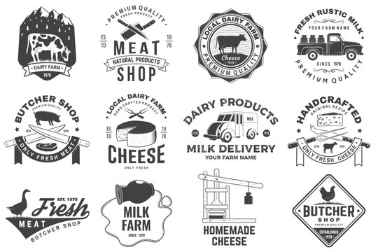 Cheese, butcher, dairy and milk family farm badge design. Template for butcher, cheese, dairy and milk farm business - shop, market, packaging and menu. Vector illustration