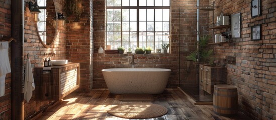A contemporary bathroom featuring a prominent brick wall and a sleek tub.
