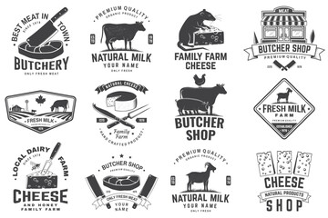 Cheese, butcher, dairy and milk family farm badge design. Template for butcher, cheese, dairy and milk farm business - shop, market, packaging and menu. Vector illustration