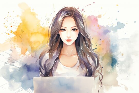 young asian girl freelancer sitting in front of laptop, working on computer, watercolor illustration