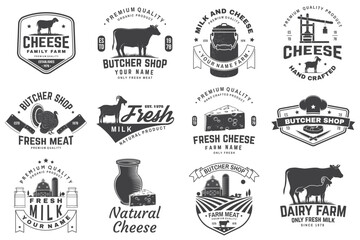 Cheese, butcher, dairy and milk family farm badge design. Template for butcher, cheese, dairy and milk farm business - shop, market, packaging and menu. Vector illustration