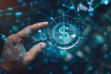 Fototapeta premium Magnifying glass in hand, focusing on a US dollar icon to symbolize the process of discovering strategies for earning money