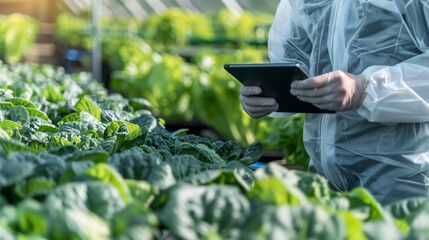 Farmer in protective suit analyzing data on tablet to manage hydroponic vegetable cultivation in greenhouse, smart farming concept