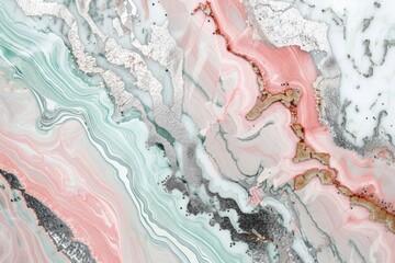 Fototapeta premium Ethereal marble texture with pink, white, green, and silver hues.