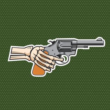 Skeleton hand holding gun shoting sticker, patch for clothing. Vector illustration. Fashion patches T-shirt print design