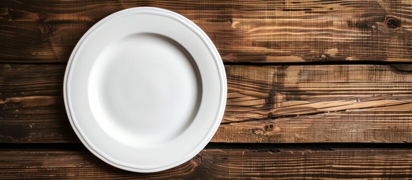 A white plate rests on a wooden table surface, creating a simple and elegant setup.