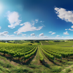 Fototapeta na wymiar A panoramic view of a countryside vineyard.