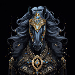 Black Knight horse armor, close-up portrait.