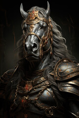 Black Knight horse armor, close-up portrait.