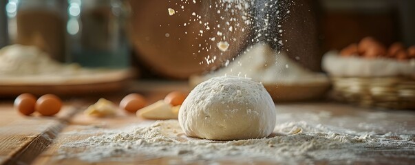 Flour Being Sifted onto Dough Ball in Preparation for Kneading. Concept Baking, Flour, Dough, Kneading, Preparation