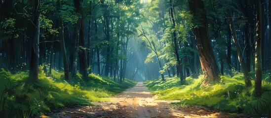 Fototapeta premium A painting depicting a majestic dirt road cutting through a dense forest of towering trees.