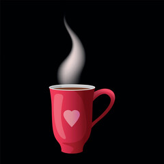 Cup with hot drink. Tea or coffee in red mug. Magic love potion. Ceramic tableware for hot beverage. delicious cappuccino, morning aroma tasty arabica. Vector isolated on black background illustration