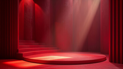 abstract dark red background illuminated by soft studio light, with an empty stage at the forefront