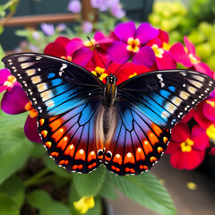 A rainbow-colored butterfly on a flower.