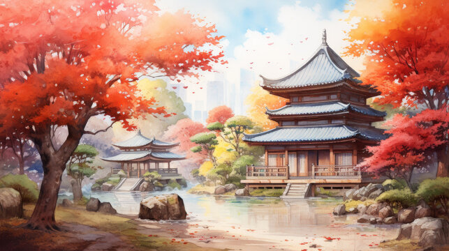 Serene watercolor artwork capturing the serene ambiance of a Japanese garden during the fall season.