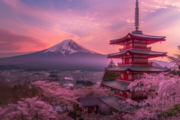 Obraz premium Chureito Pagoda with sakura, japan temple, japan in spring, spring, cherry blossoms, mountains in sunset, pink sky