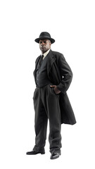 Obraz premium Tough senior black man wearing a black coat and suit. Fedora hat. Gangster from the 1900s. african american detective. Full view. Font view. Isolated transparent PNG background. 