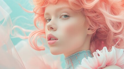 Pink girl cotton candy look. Portrait of a beautiful girl model with curly pink hair. Wears blue roll shirt with careers. Windy spring day. The wind carries hair and a scarf. Pastel colors.